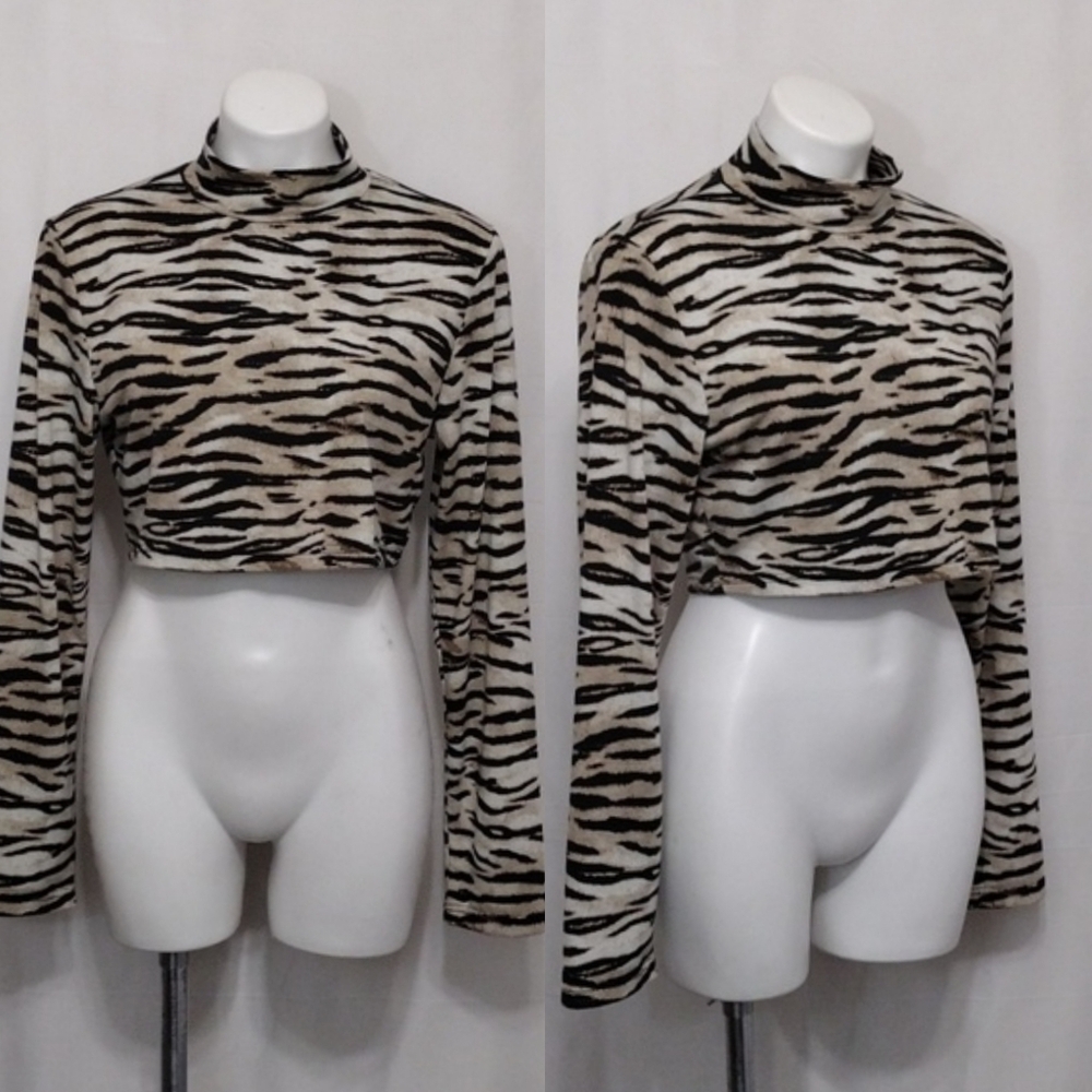 Romwe Tiger Print Mock Neck Long Sleeve Cropped Top XL Y2K Glam Street Style